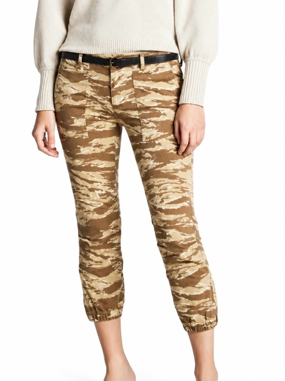Nili Lotan Cropped French Military Jogger Pants in Khaki Tiger Camo Print SZ 10